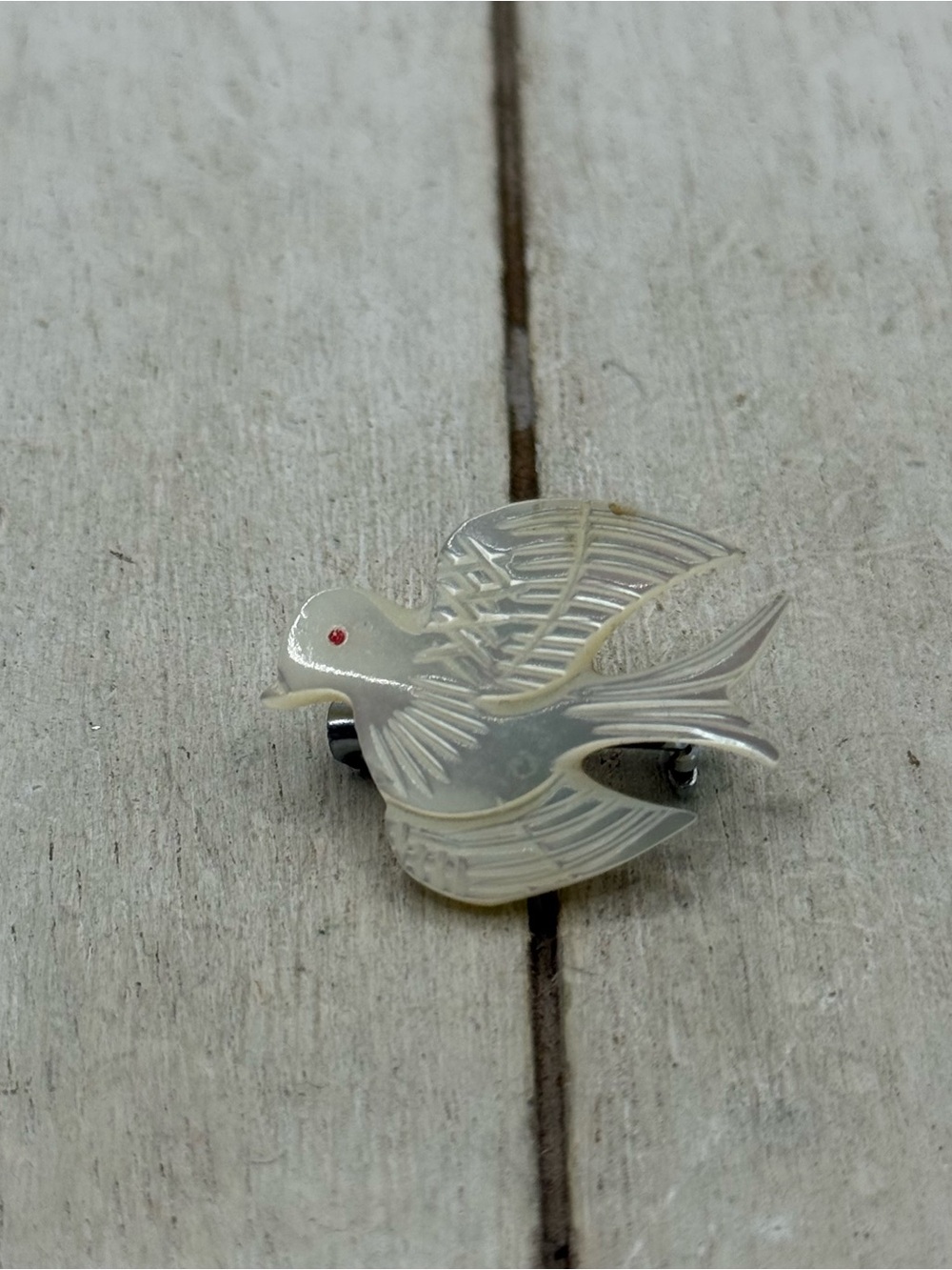 Pearlescent White carved Bird Pin Brooch